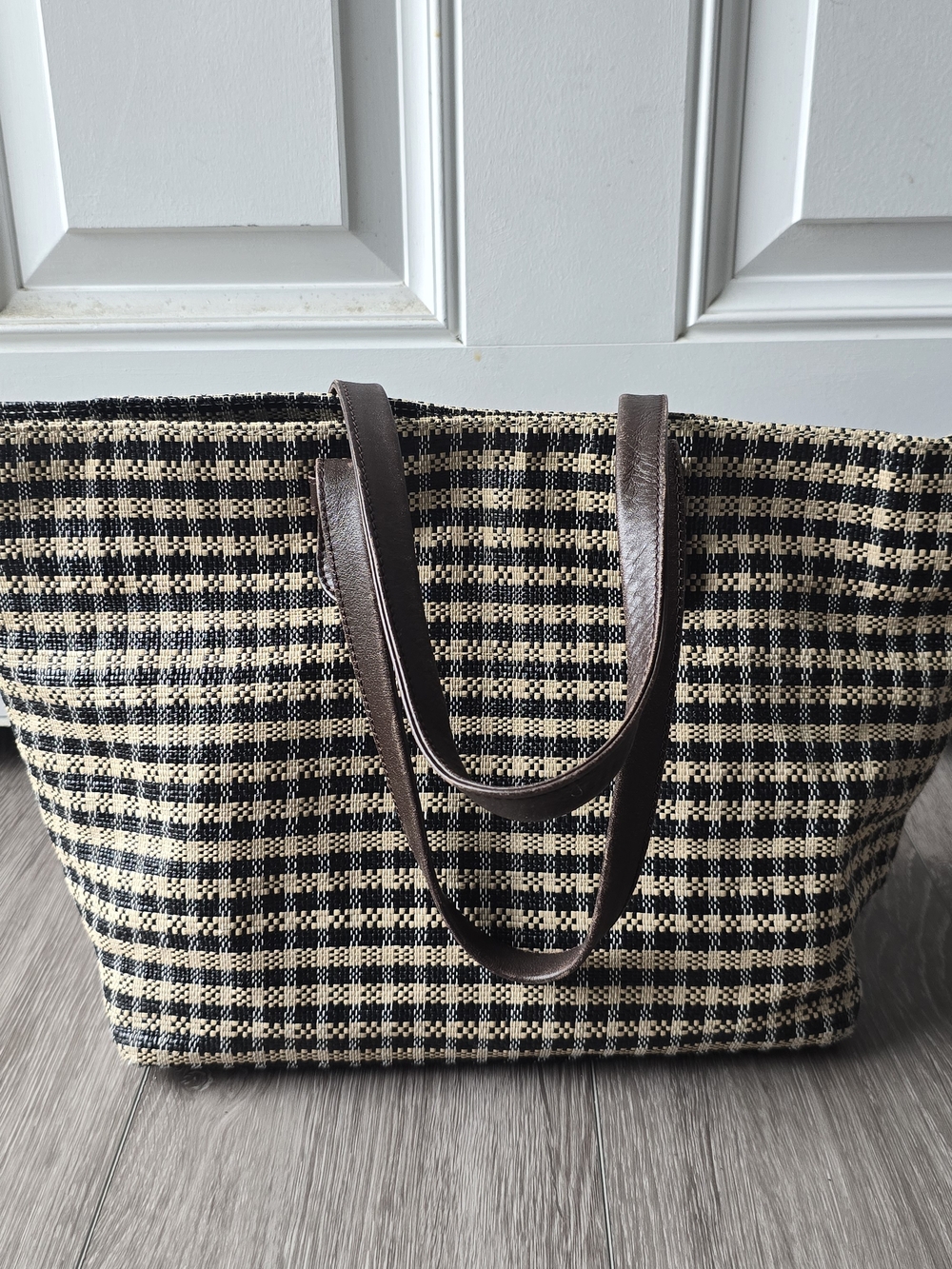 Talbots Paper Straw Woven Tote Bag Black Cream Plaid Genuine Leather - Picture 5 of 10